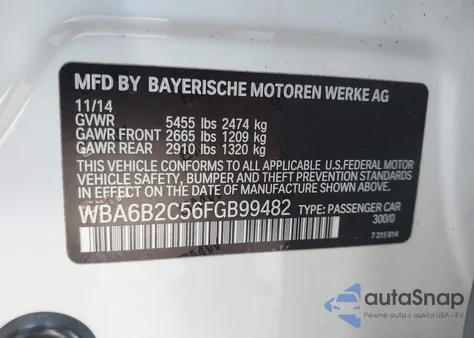 2015 BMW 650I Gran Coupe z USA, uszkodzony, nr VIN WBA6B2C56FGB99482